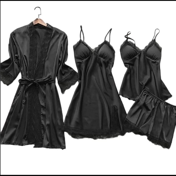 Other - 4PC  set Silk Robe Sleep Suit Womens Lace Satin